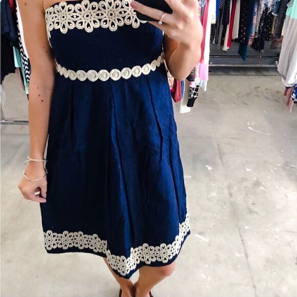 Lilly Pulitzer Betsey Navy and Gold Jacquard Strapless Dress Size 2 - Picture 14 of 16